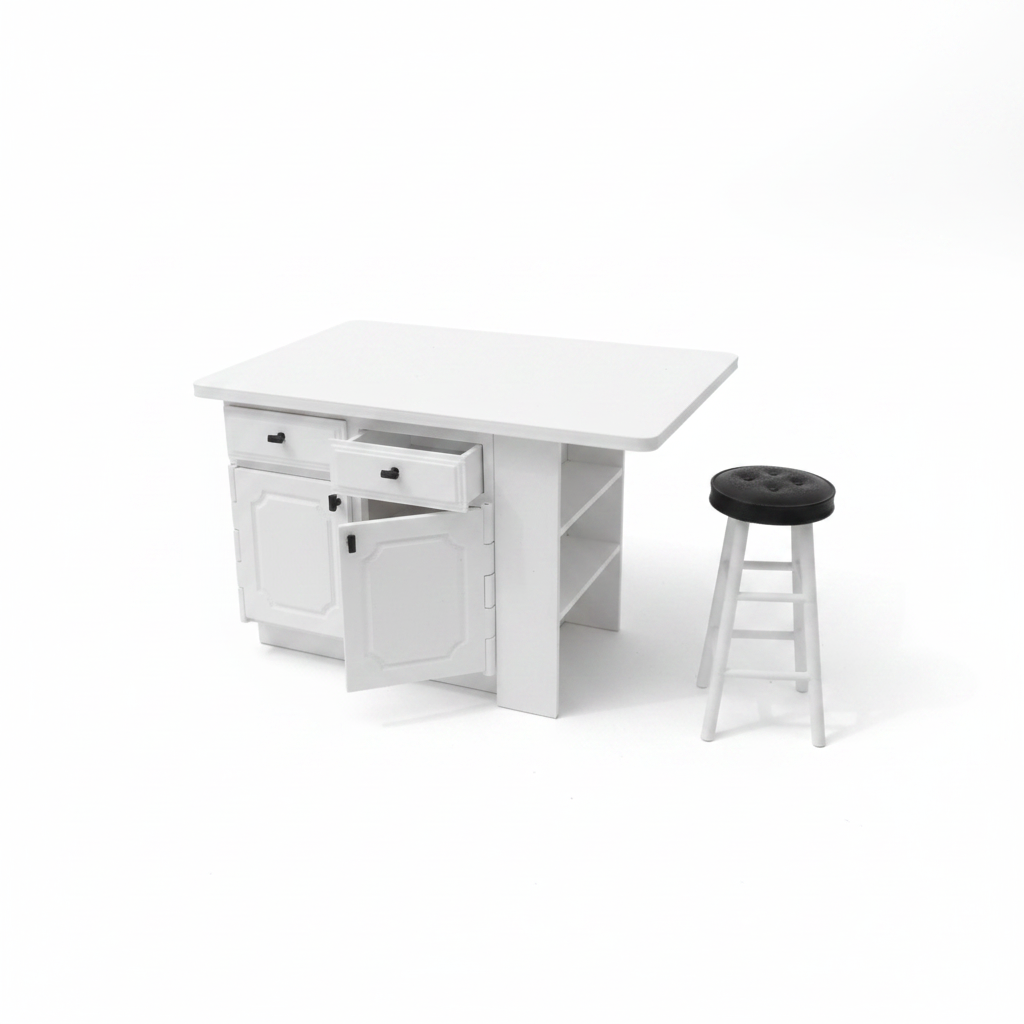 Dollhouse miniature white kitchen island with drawer open, white background