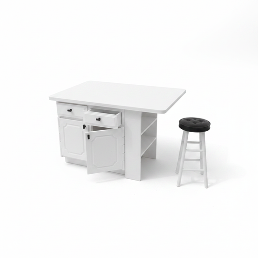 Dollhouse miniature white kitchen island with drawer open, white background