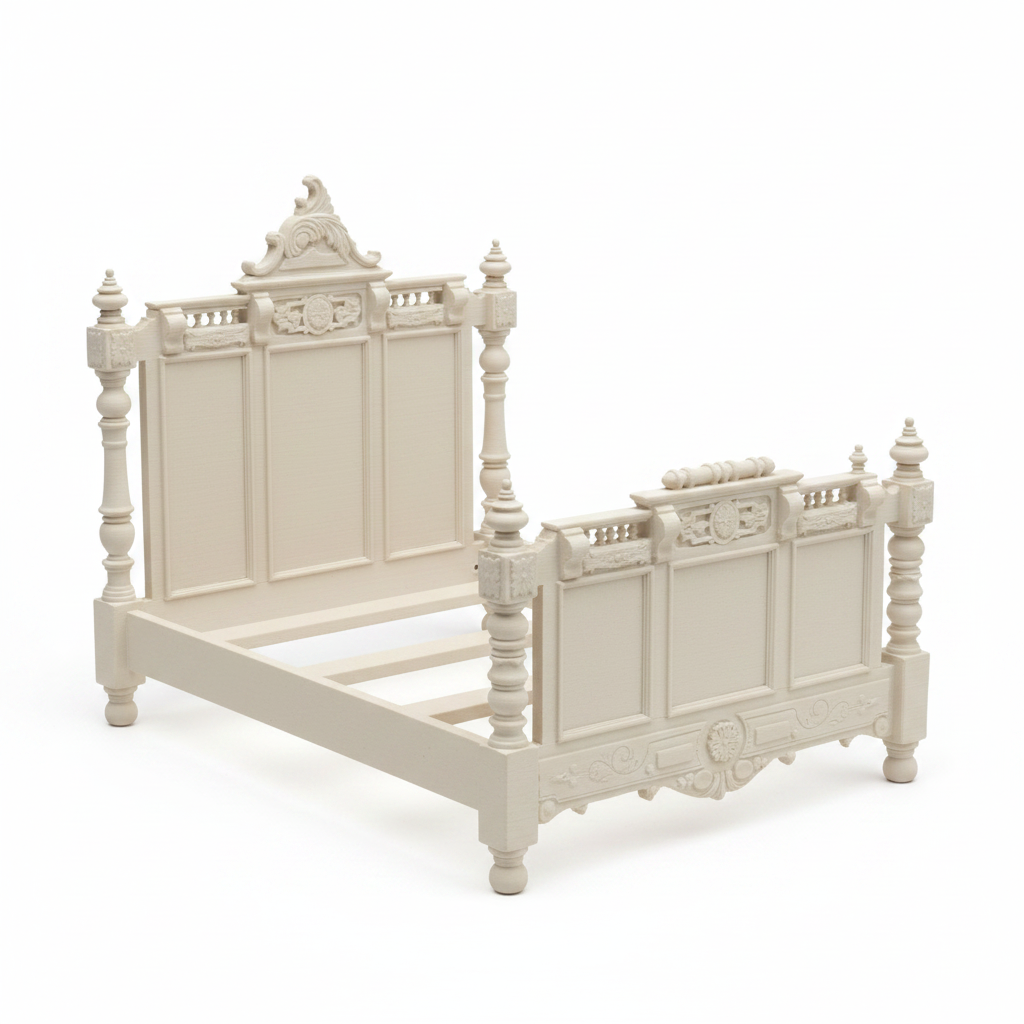 Miniature baroque bed frame three quarter angle on white background