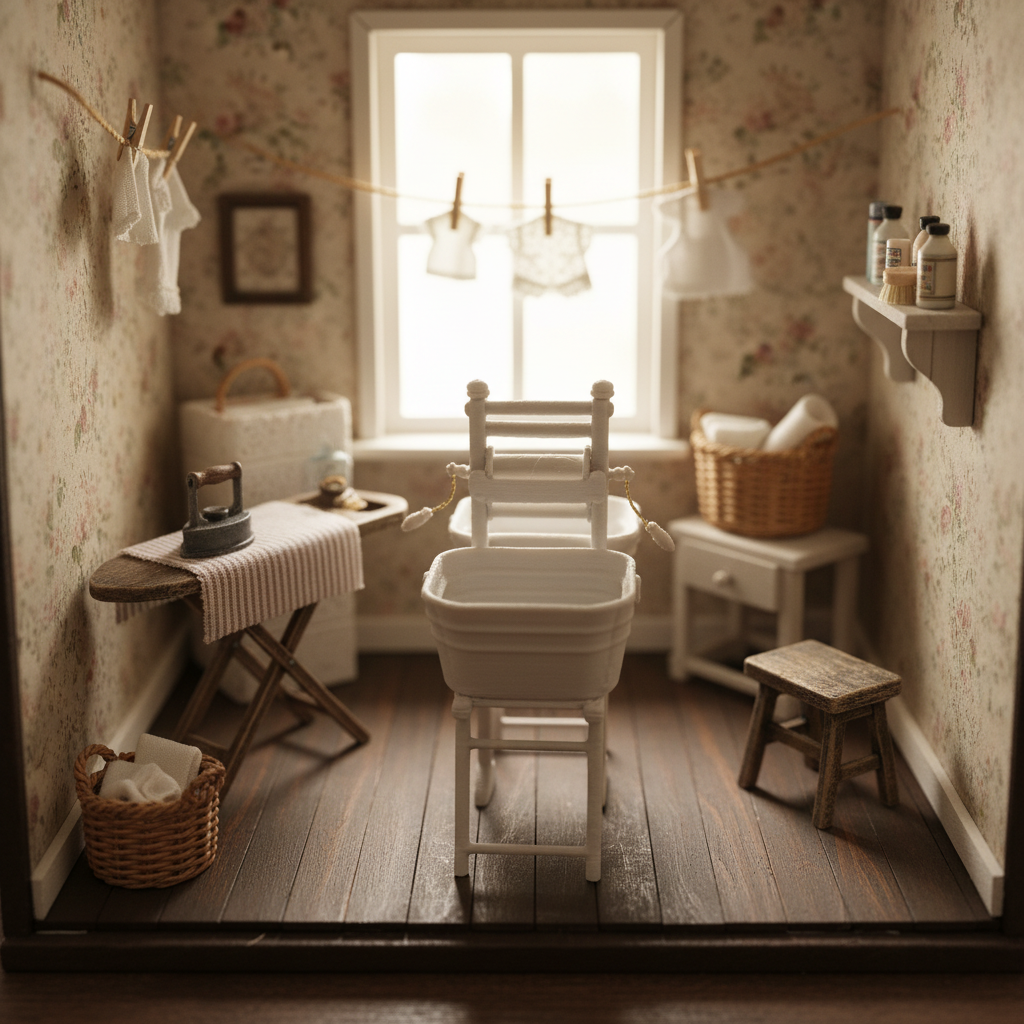 Miniature antique laundry set in cozy dollhouse lifestyle scene