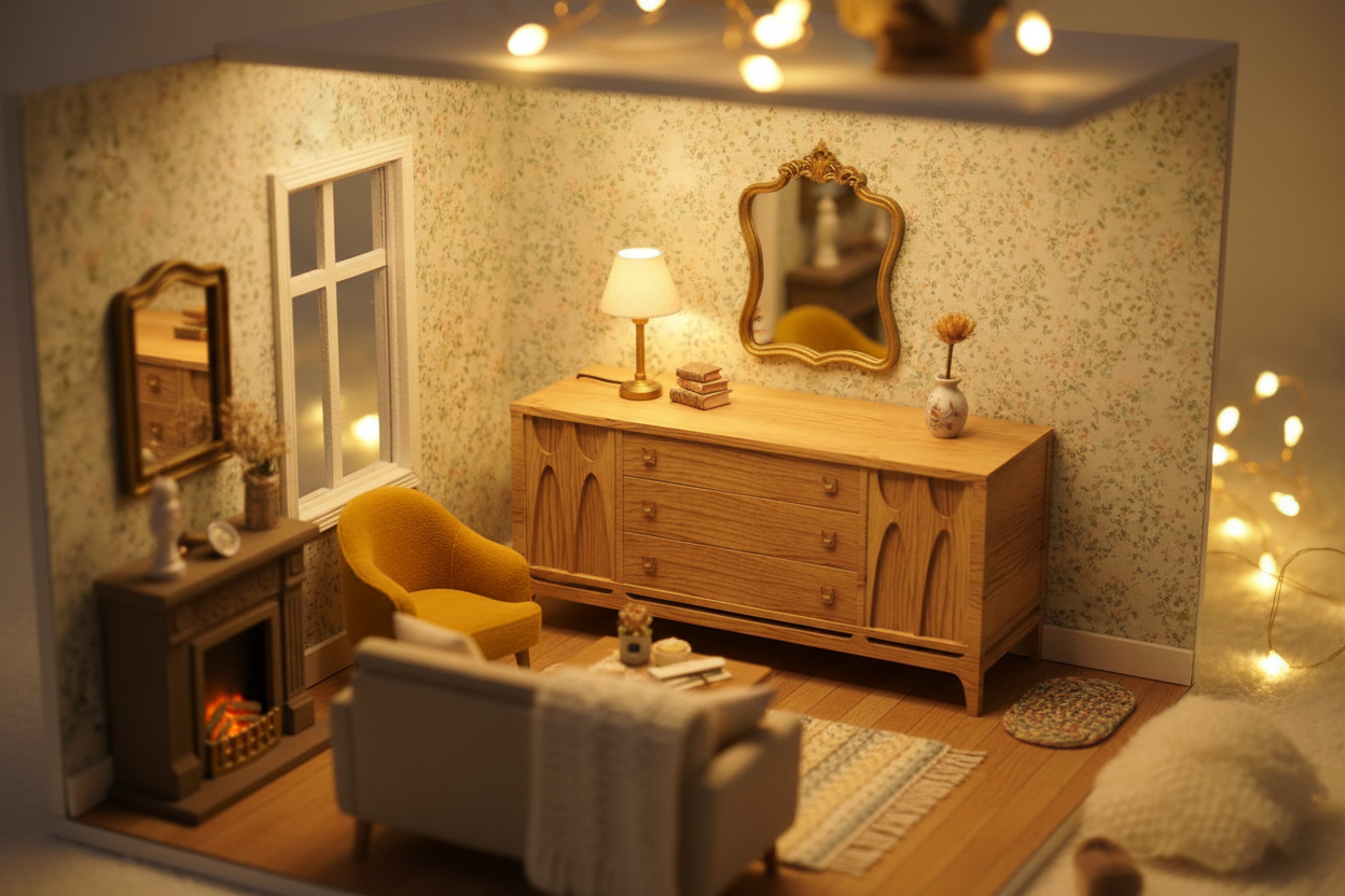 1:12 scale mid-century modern credenza in a cozy dollhouse living room diorama