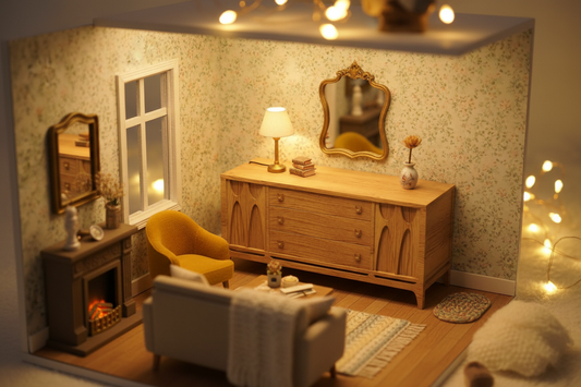 1:12 scale mid-century modern credenza in a cozy dollhouse living room diorama