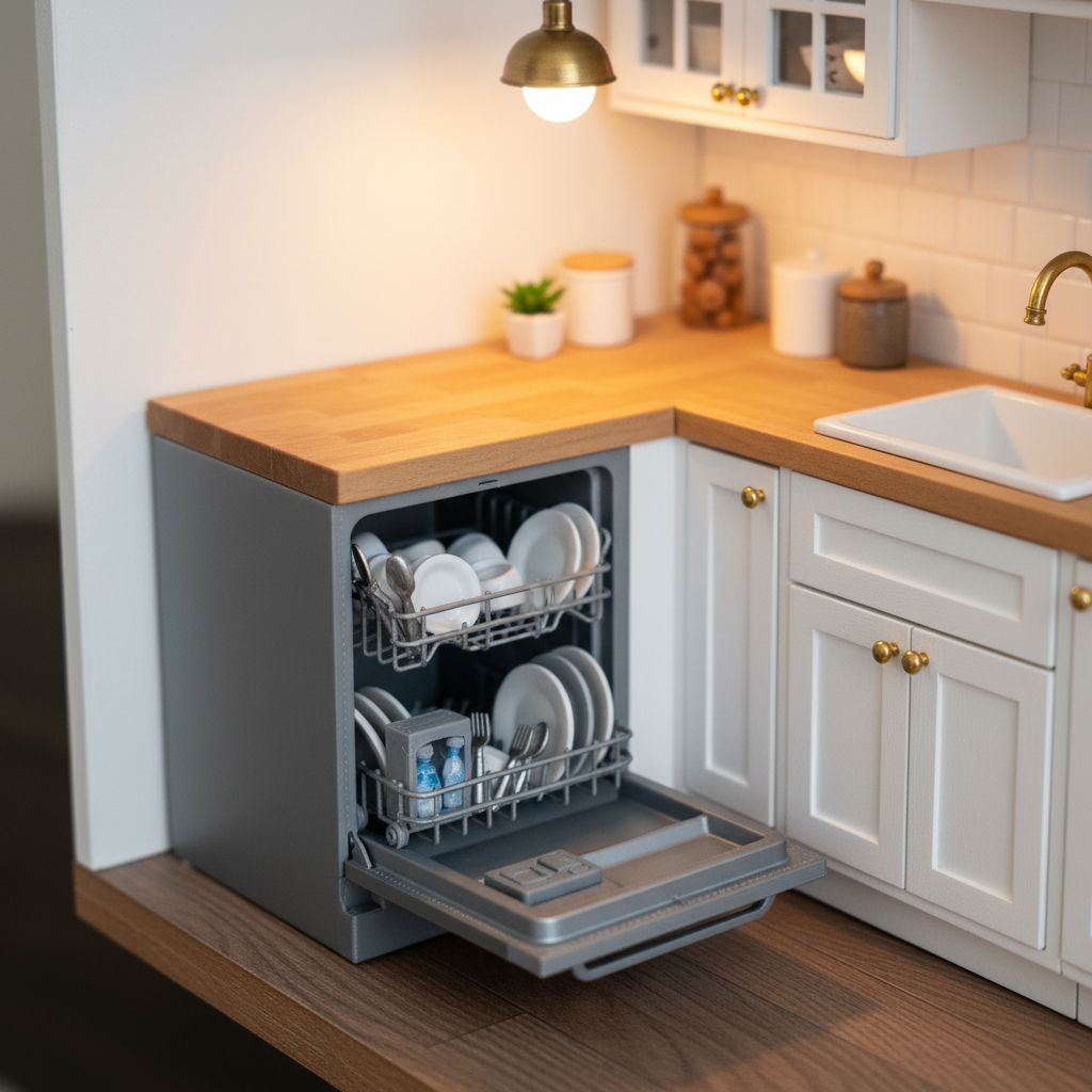 Miniature dishwasher styled in cozy dollhouse kitchen scene