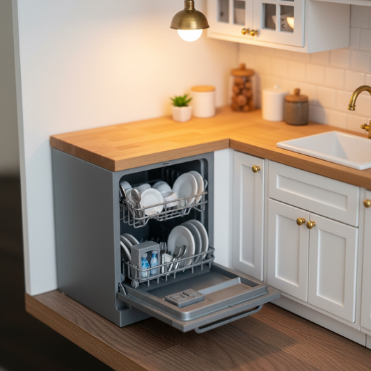 Miniature dishwasher styled in cozy dollhouse kitchen scene