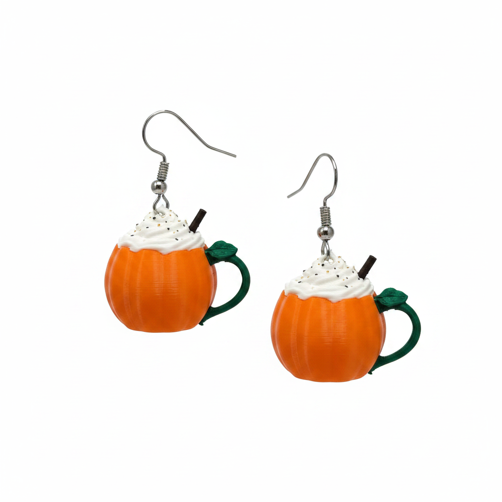 Pumpkin spice latte earrings white background studio shot