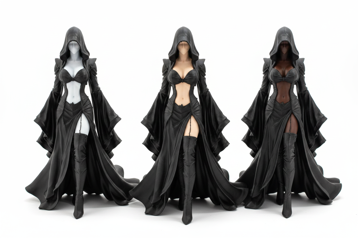 Lady Reaper - three skin tone variants side by side studio shot