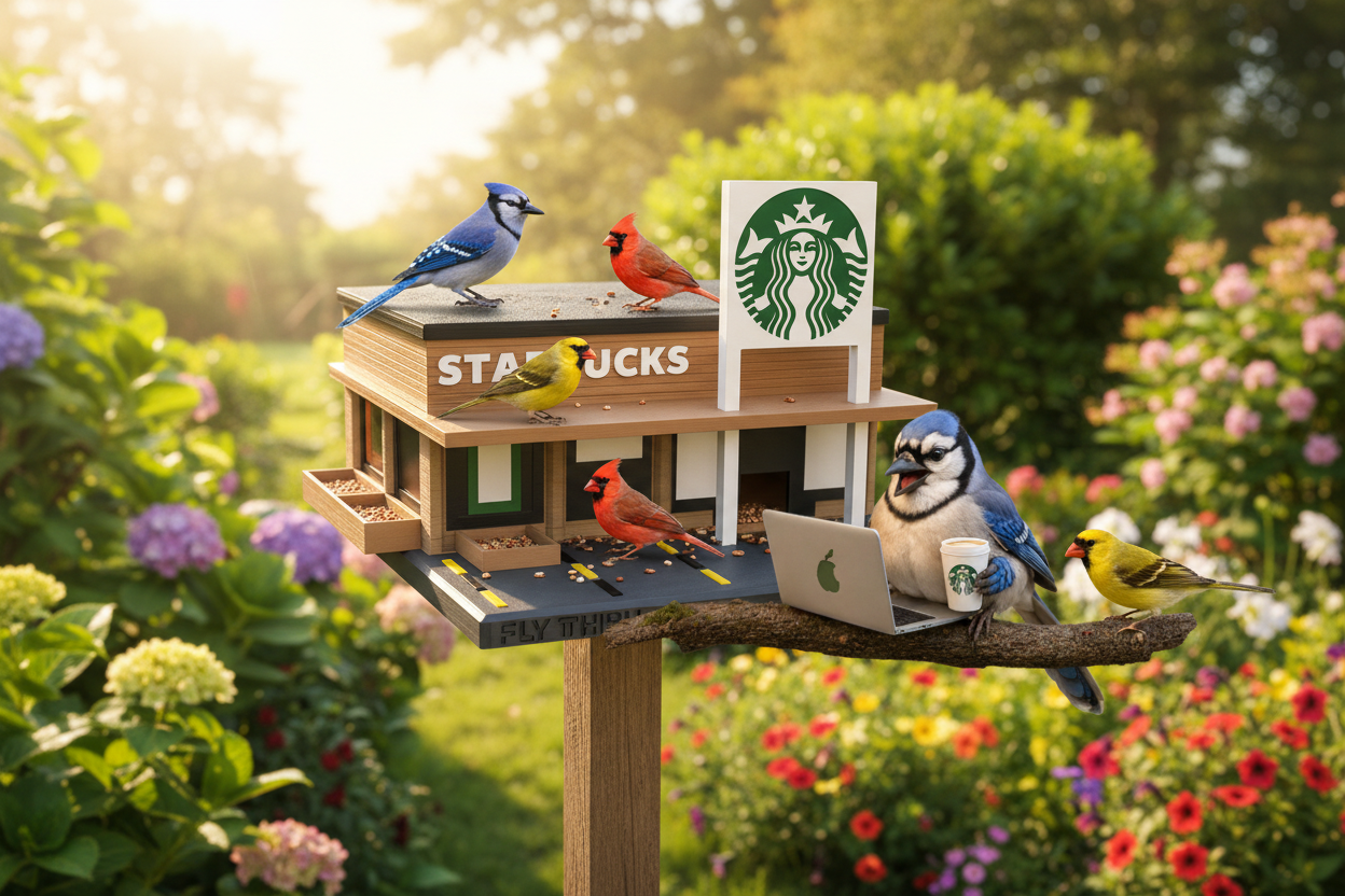 Starbucks Drive-Thru Bird Feeder - garden lifestyle scene with birds