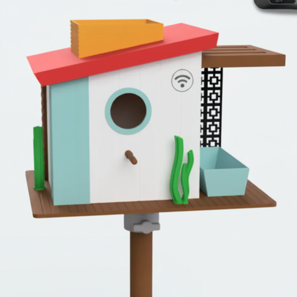 Midcentury Modern WiFi Birdhouse - white background studio shot