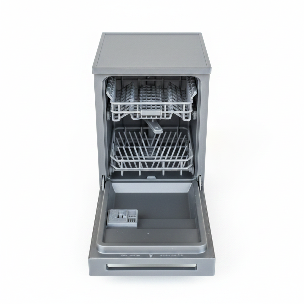 Miniature dishwasher door open front view on white background