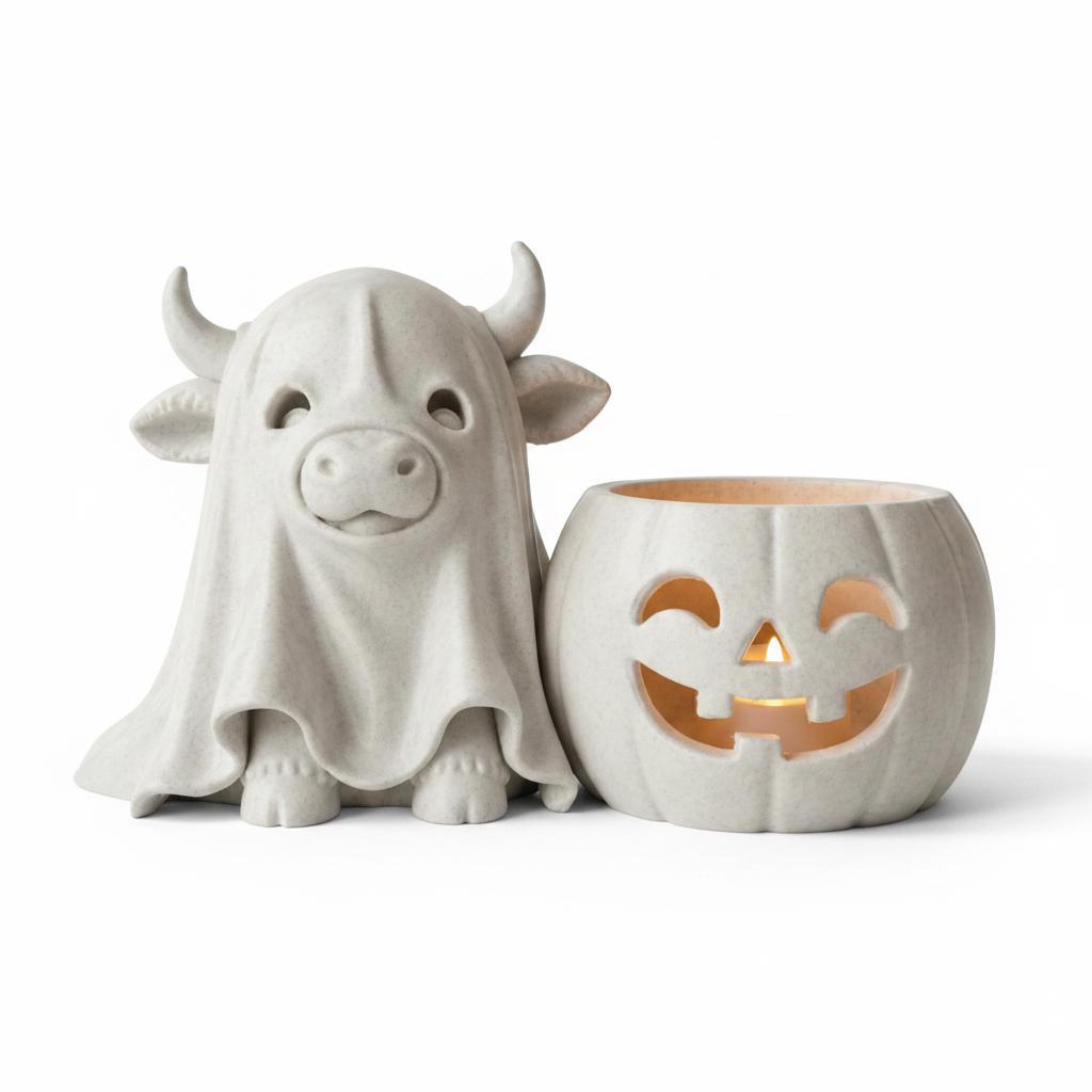 Ghost cow and jack-o-lantern candle holder set white background studio shot