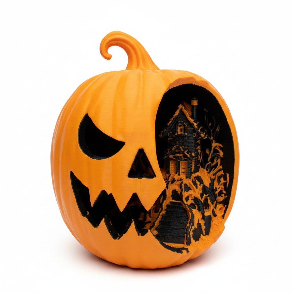 3D printed haunted house jack-o-lantern on white background studio shot