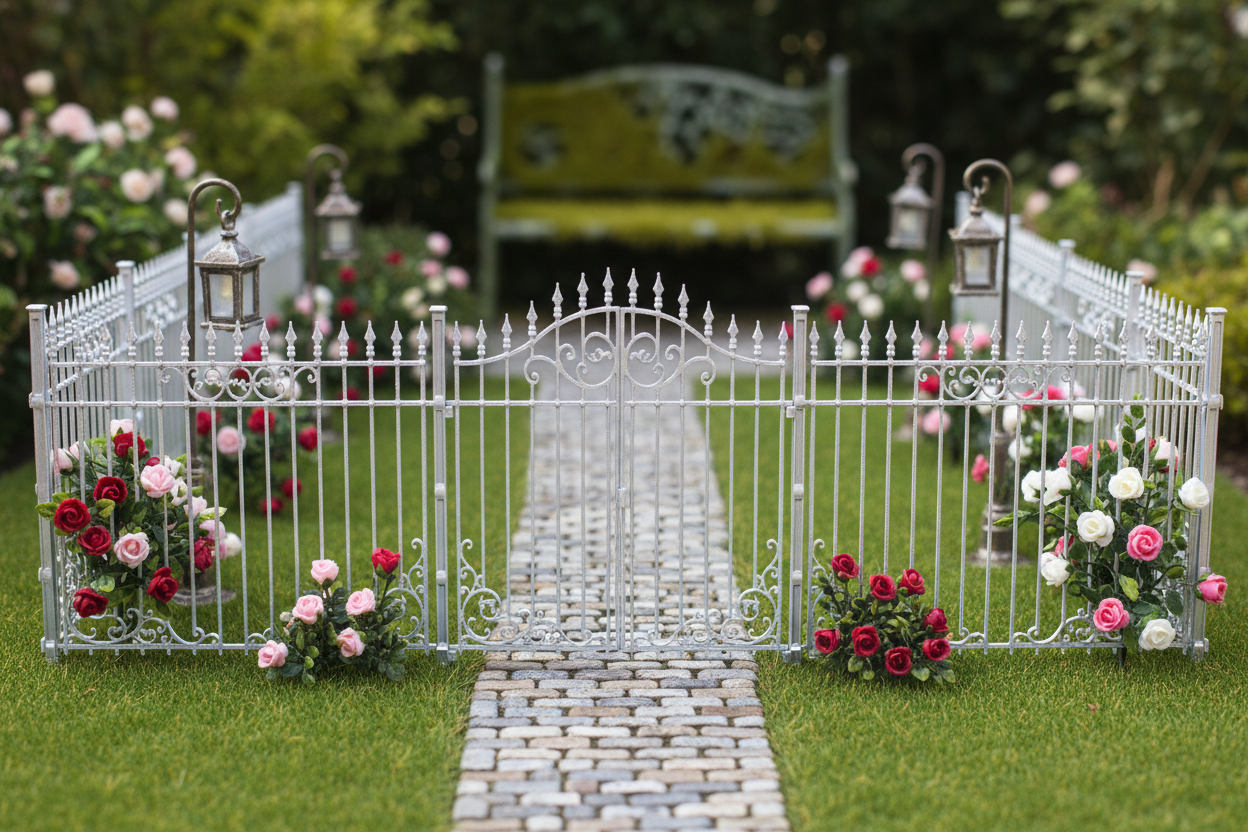 1:12 scale miniature wrought iron fence lifestyle scene in dollhouse garden