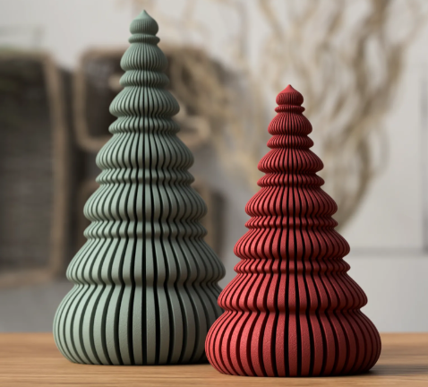 3D printed Nordic Japandi Christmas trees in sage green and red
