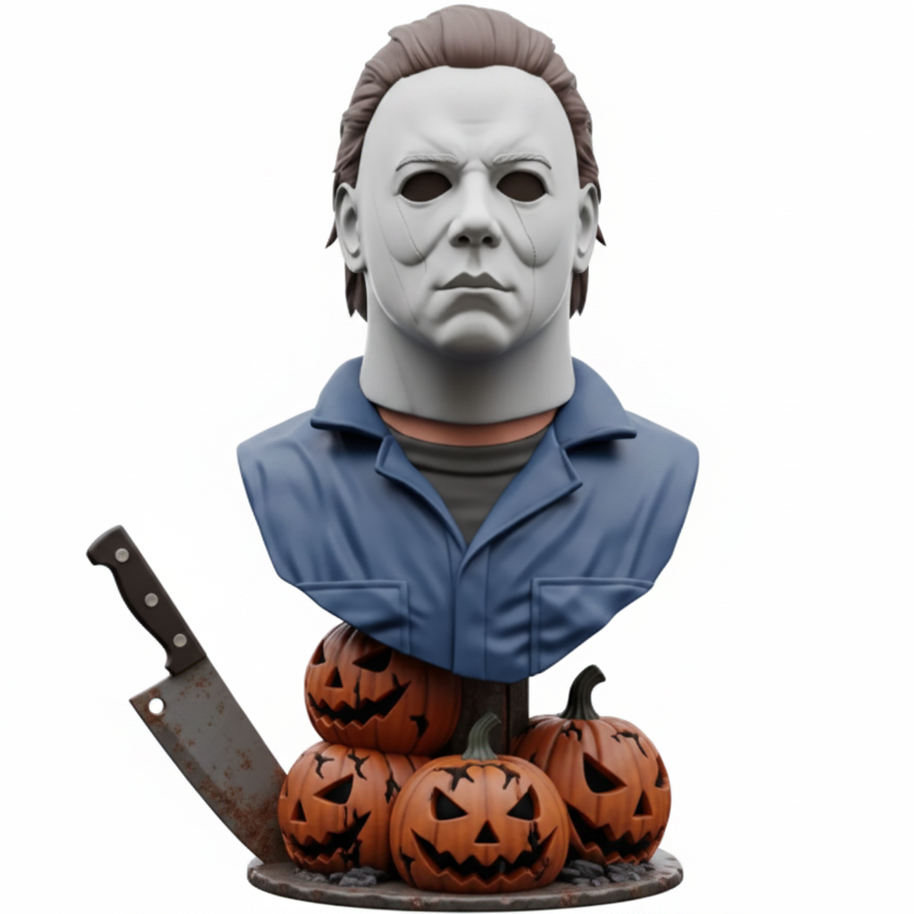 Michael Myers Halloween bust painted version, white background studio shot