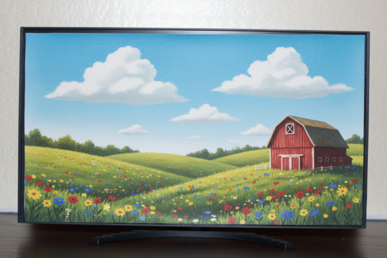 Miniature TV screen close-up showing country scene