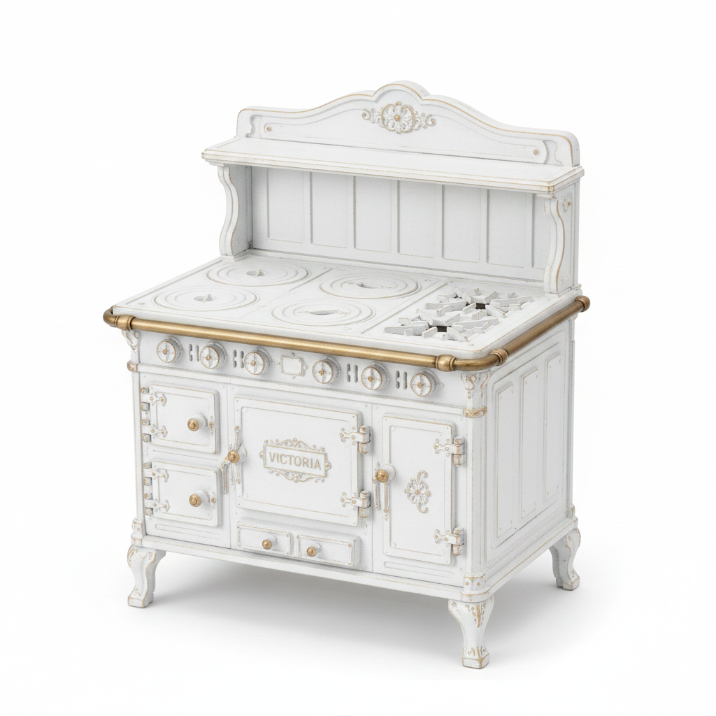 1:12 scale Victoria antique cast iron stove front view on white background