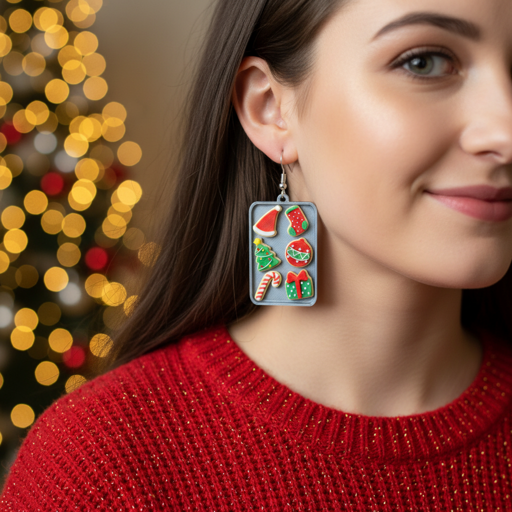 Christmas cookie baking tray earrings being worn