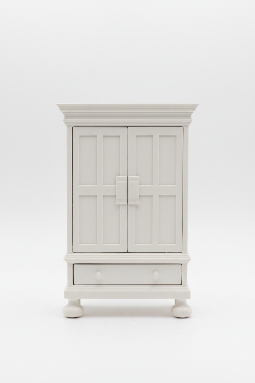 Miniature white linen cabinet – clean white background studio shot