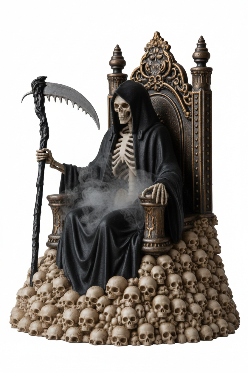 Grim Reaper skull throne incense holder three quarter angle on white background