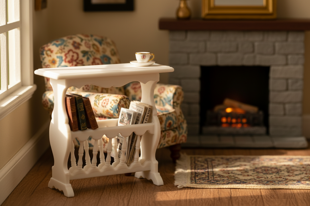 1:12 scale miniature magazine rack in cozy dollhouse living room with armchair and fireplace