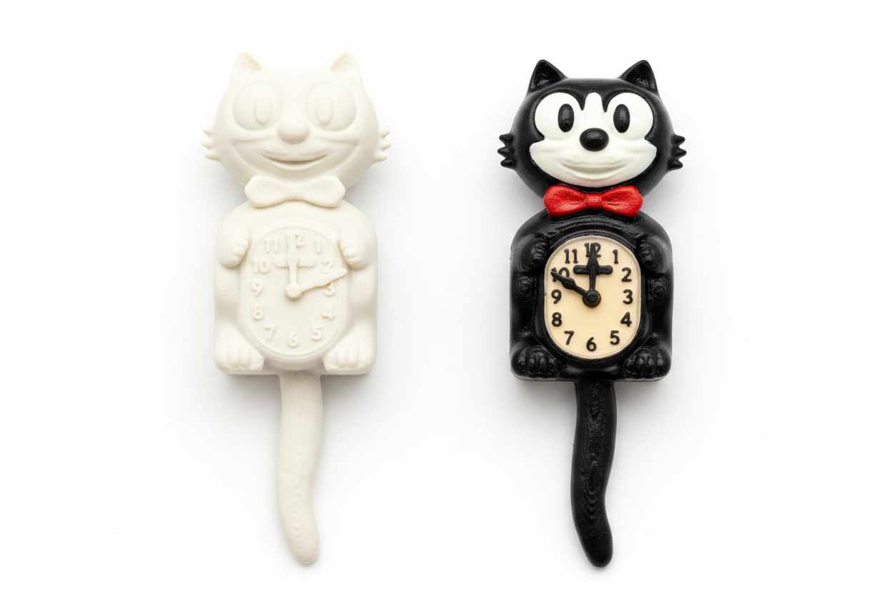 Felix the Cat Miniature Clock - unpainted and painted variants side by side studio shot