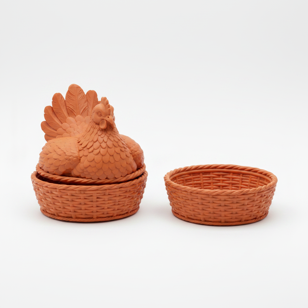 Hen on a Nest dish in terracotta orange