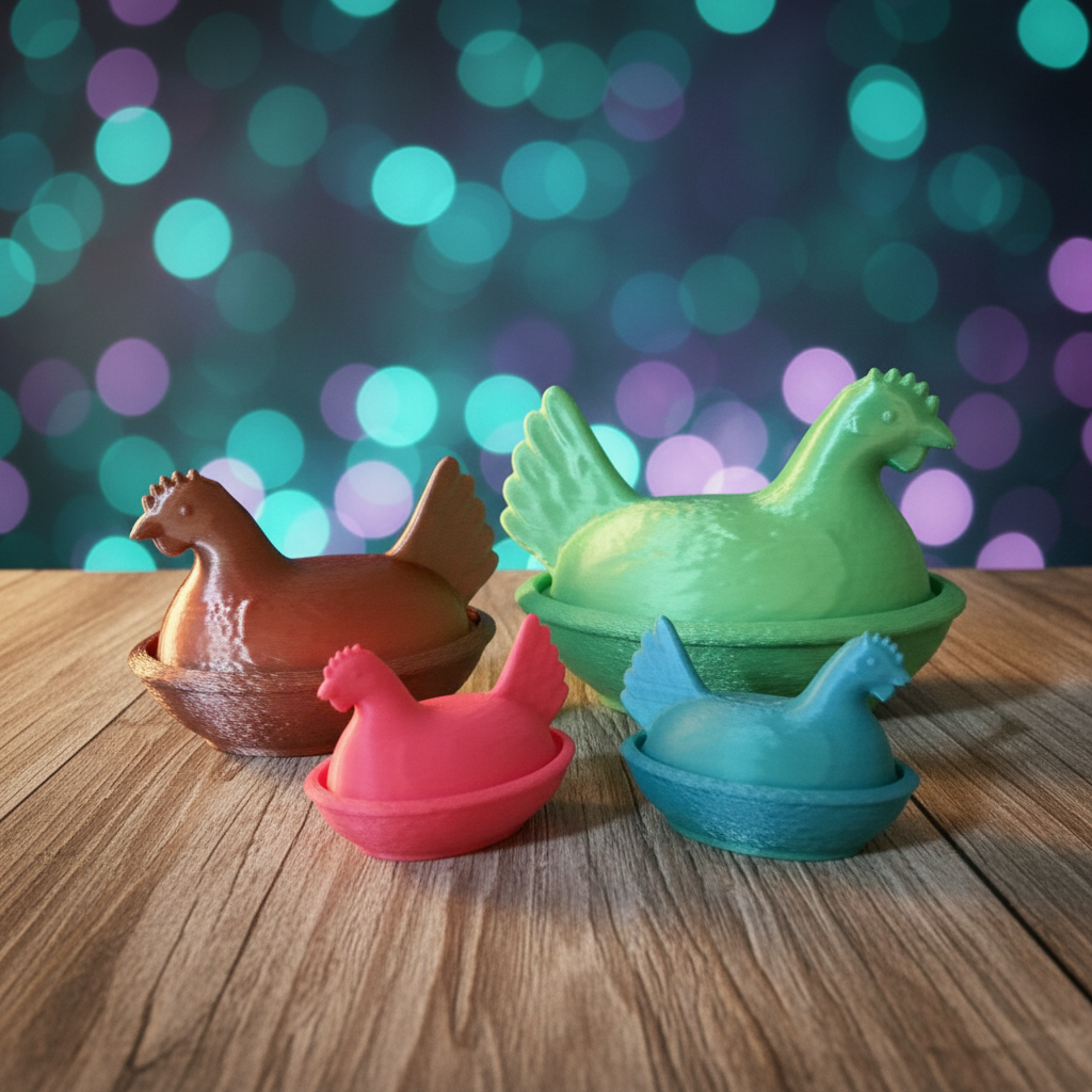 Colorful 3D printed hen on nest trinket boxes in red, green, pink, and blue
