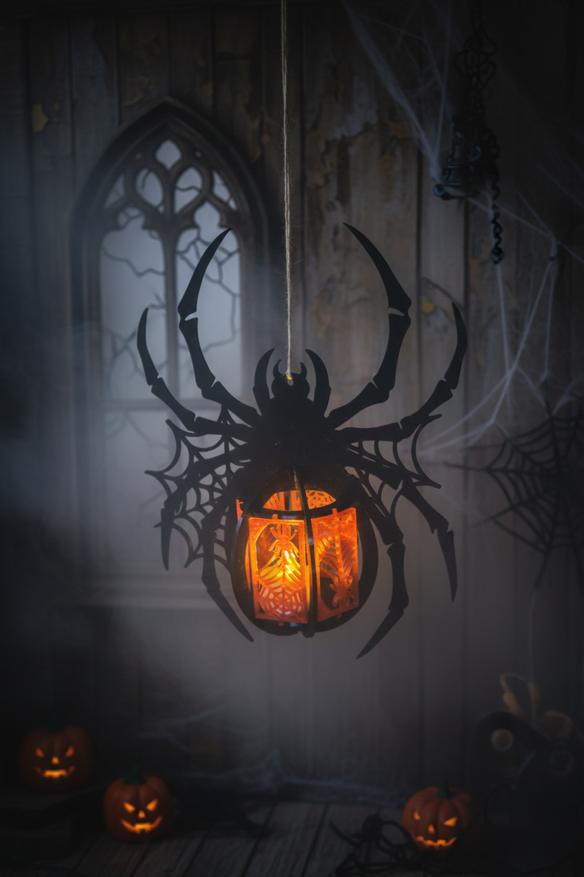 Spider lantern Halloween decoration glowing tea light lifestyle