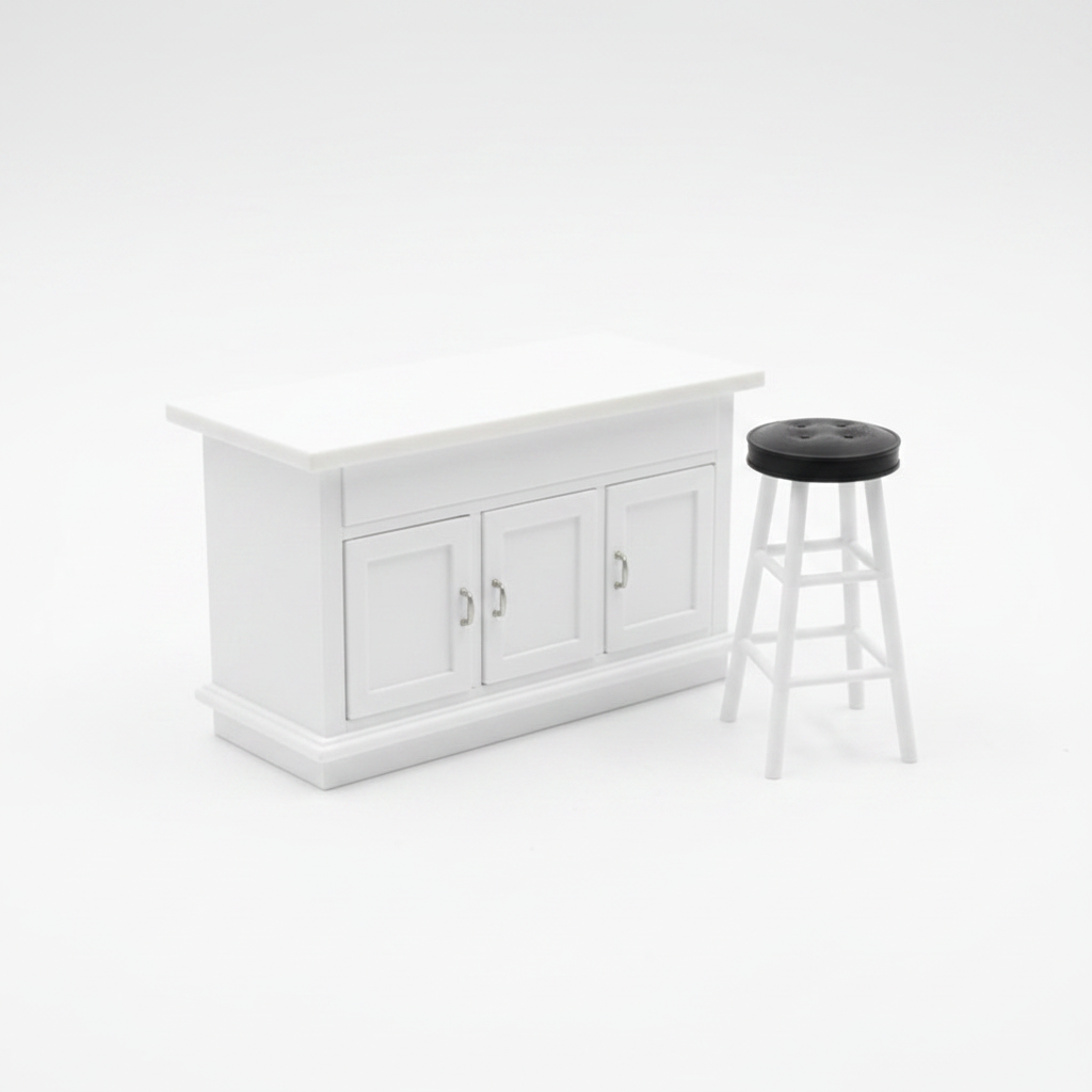 Dollhouse miniature kitchen island with bar stool, white background