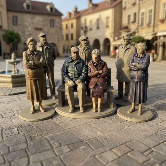 Set of 6 grumpy old people miniature figures in cobblestone town square diorama
