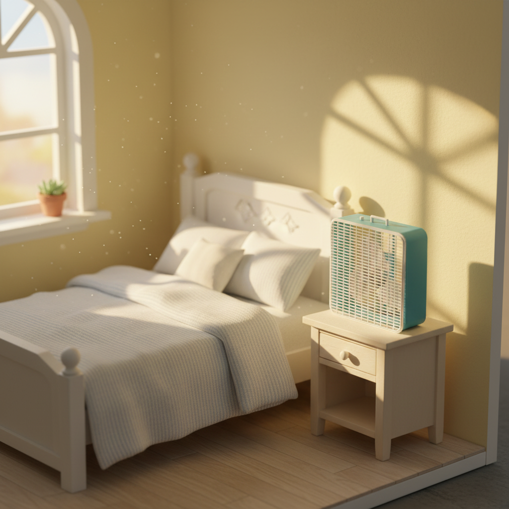 Miniature box fan styled in cozy dollhouse summer bedroom scene