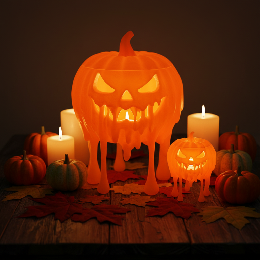 3D printed melting jack-o-lantern glowing on rustic surface with autumn Halloween decor