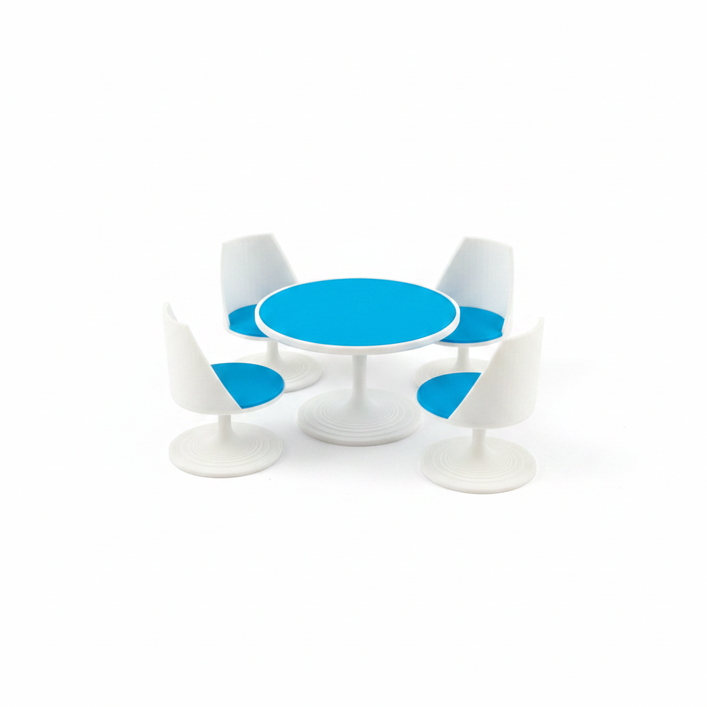 1:12 scale miniature tulip dining set in blue white background