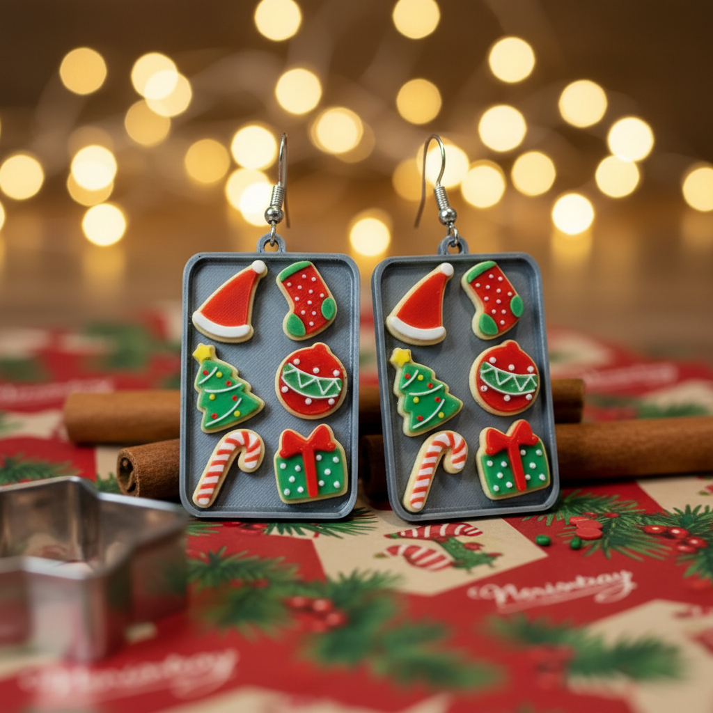 Christmas cookie baking tray earrings in a festive holiday setting