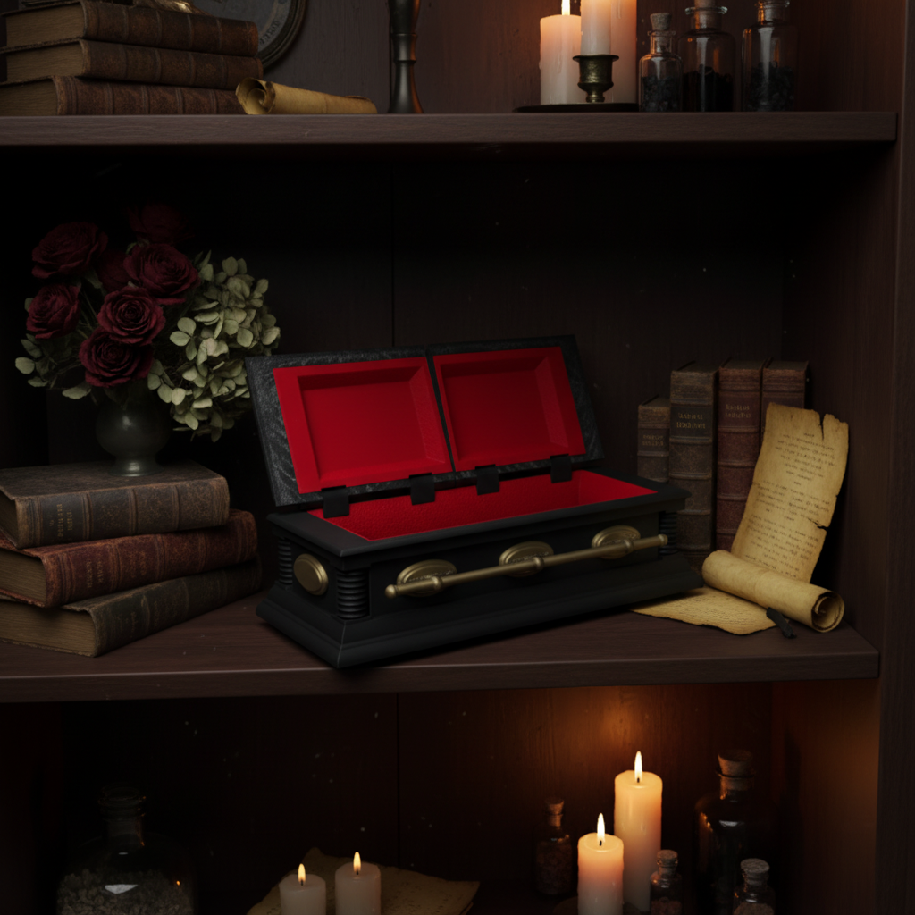 Mini coffin trinket box open, styled in curiosity cabinet