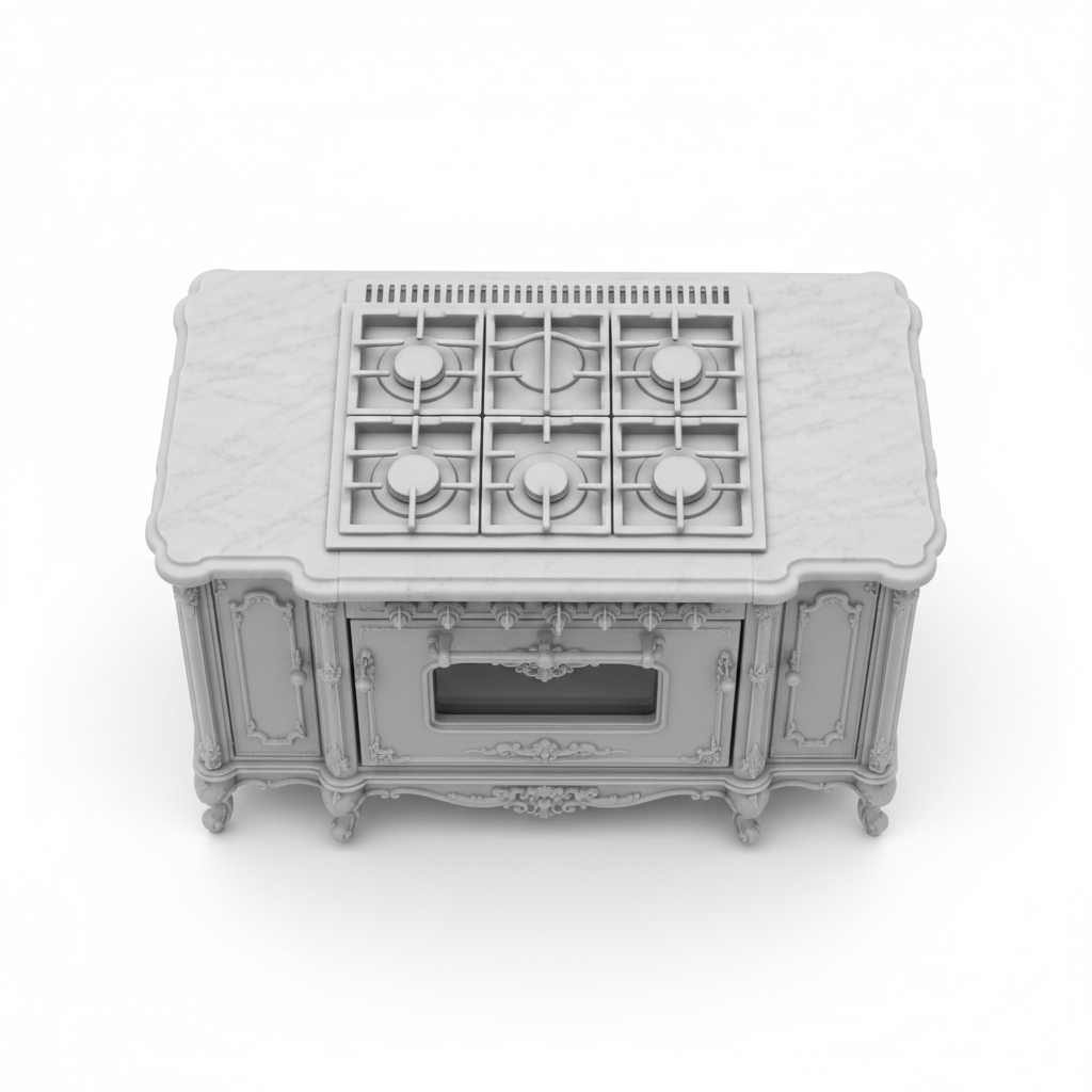 1:12 scale Rococo stove six-burner cooktop with cast iron grates top view