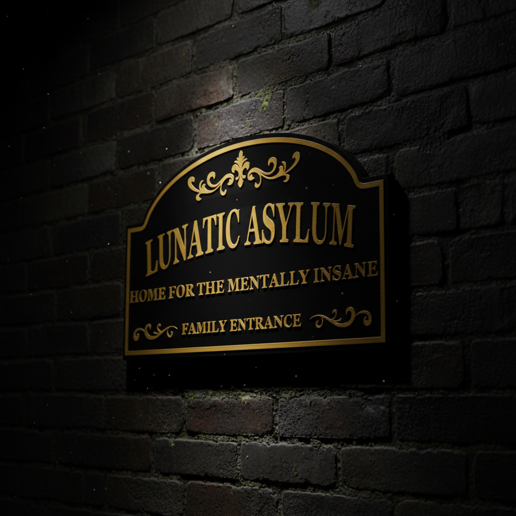 Lunatic Asylum sign plaque mounted on dark moody brick wall
