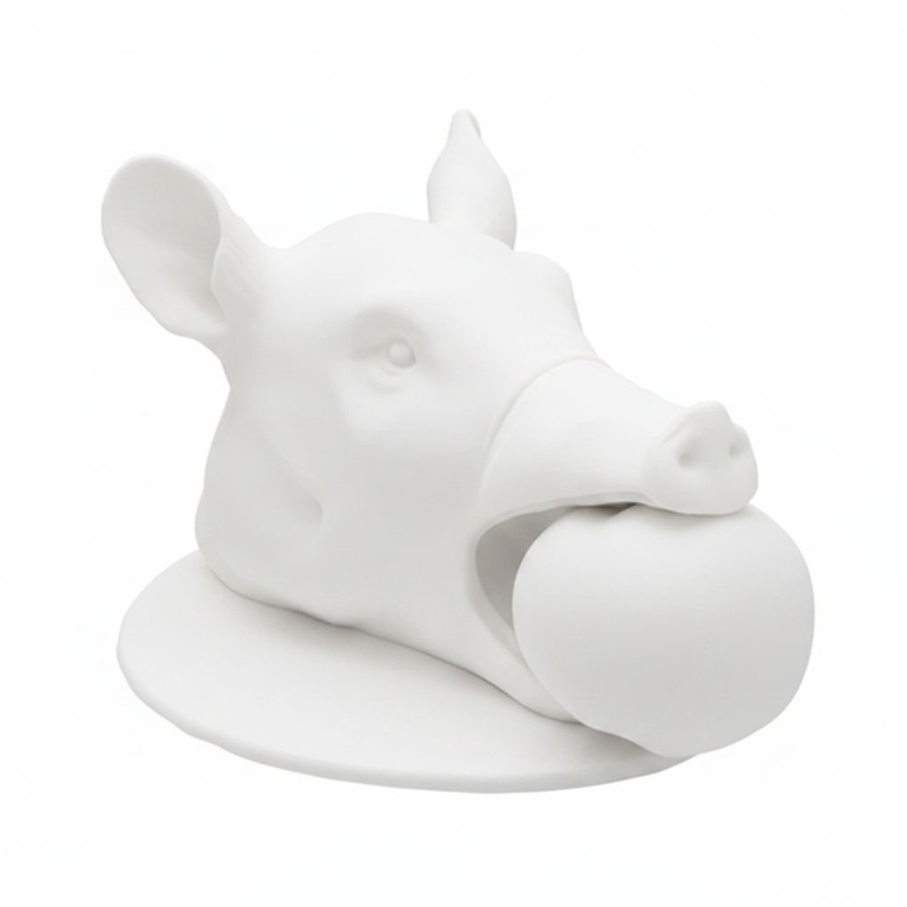 1/12 scale white 3D printed boar with apple white background angle 2
