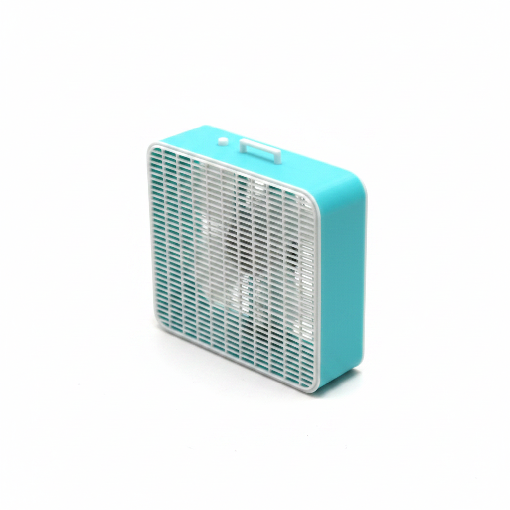 Miniature box fan 3/4 angle on white background