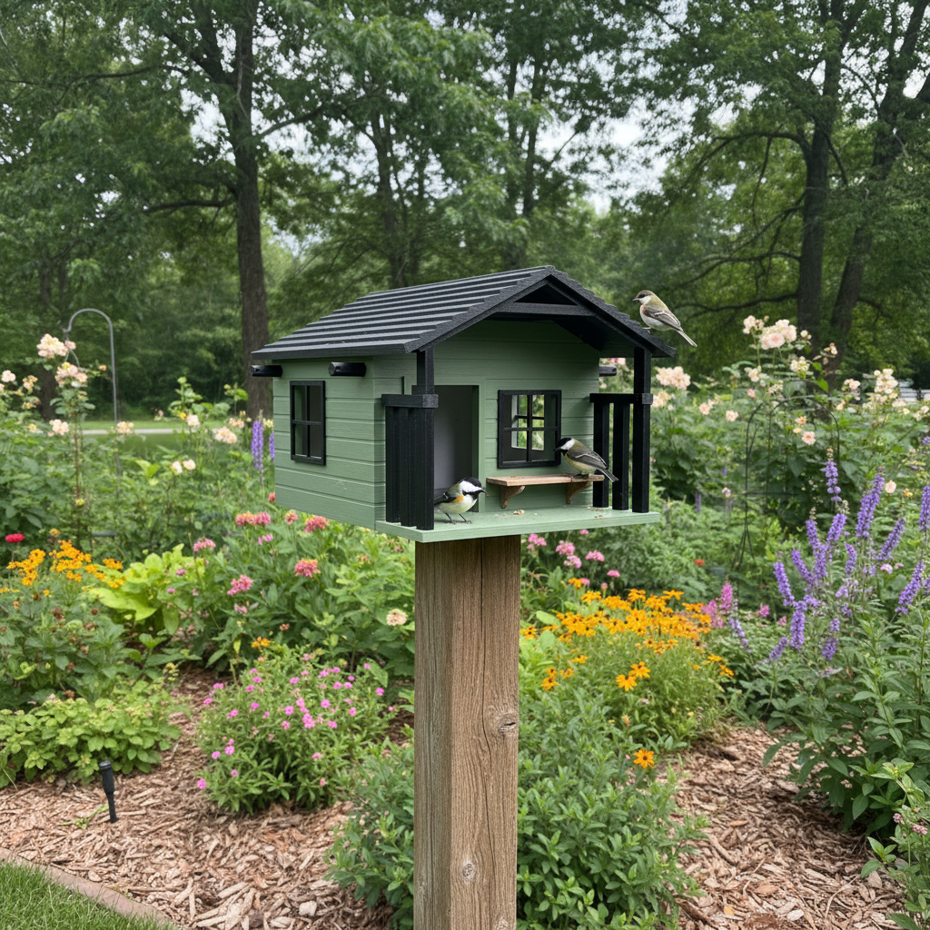 Heritage Farmhouse Bird Feeder - sage green on post