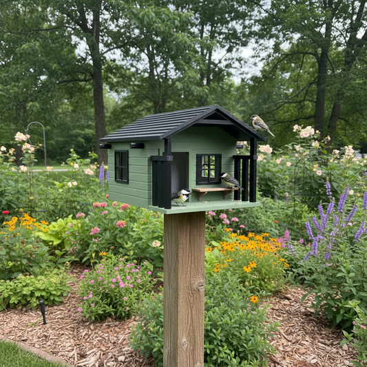 Heritage Farmhouse Bird Feeder - sage green on post