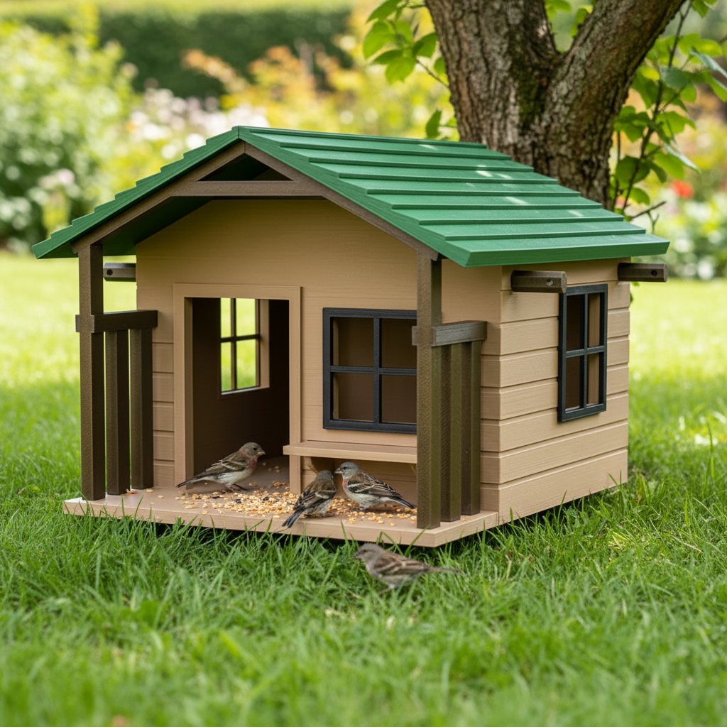 Heritage Farmhouse Bird Feeder - tan and green in garden