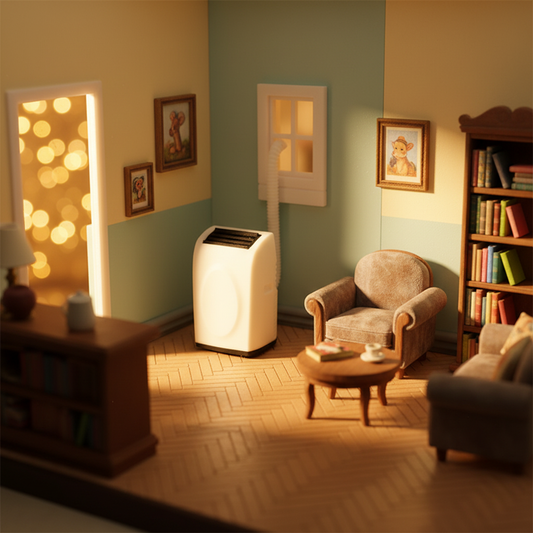 Miniature air conditioner in whimsical cozy dollhouse lifestyle scene