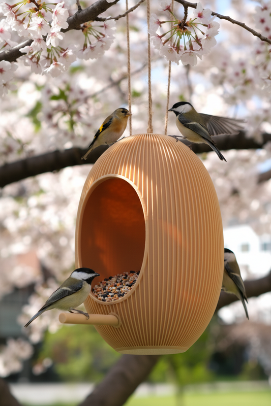3D printed Japandi bird feeder hanging in cherry blossom tree
