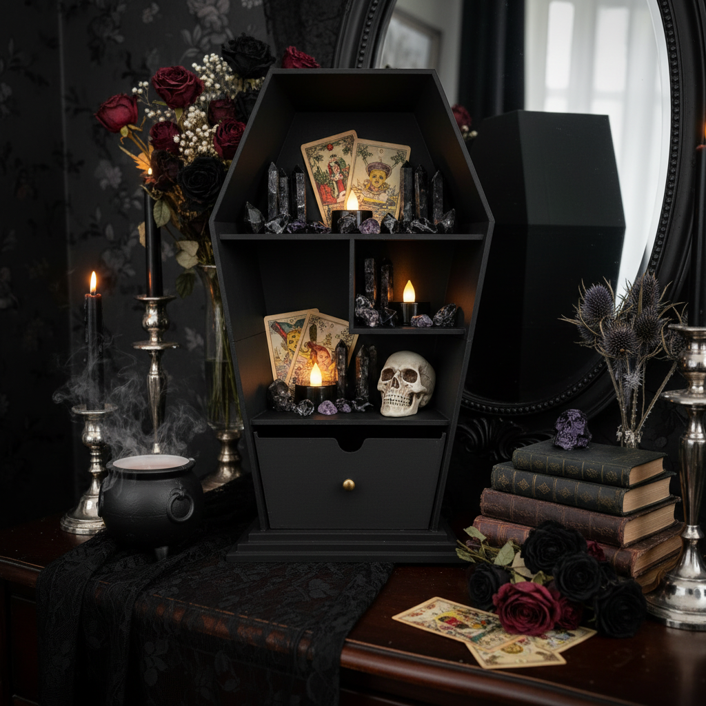 3D printed black coffin shelf styled with crystals, candles and gothic decor