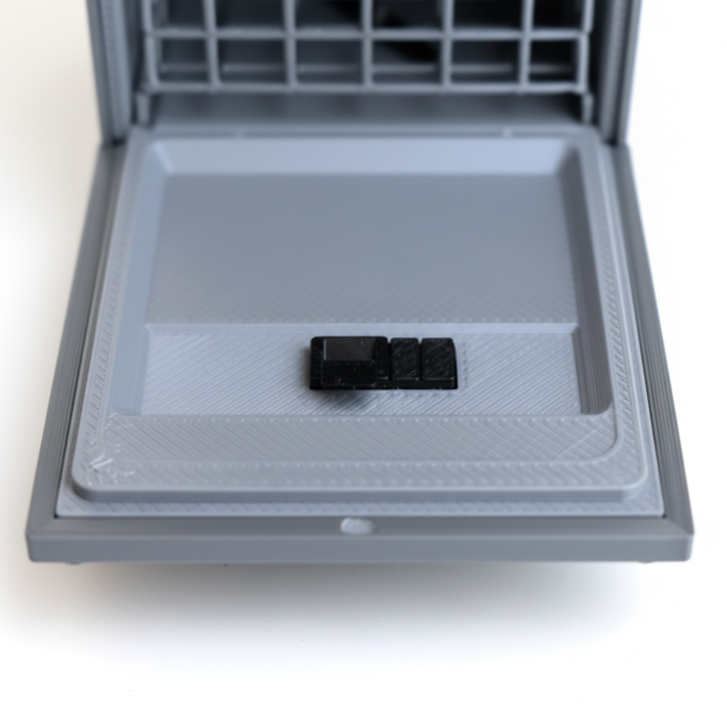 Miniature dishwasher detergent dispenser detail on white background