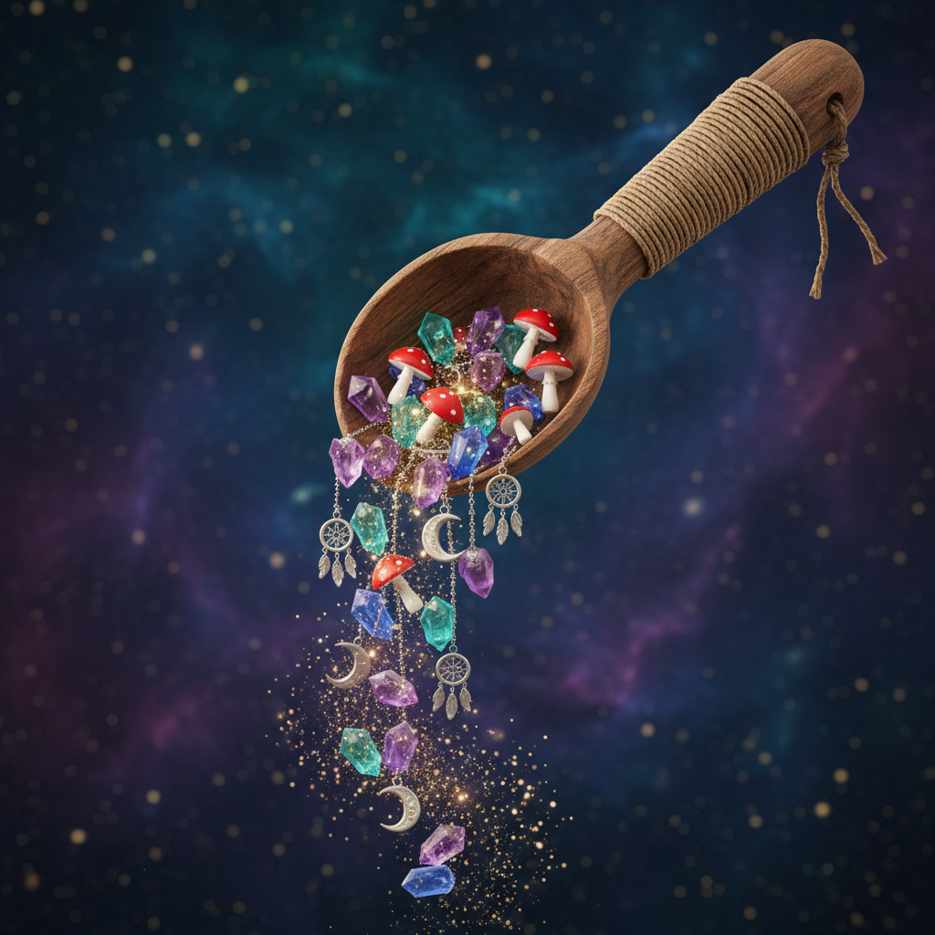 A magical scoop overflowing with boho 3D printed treasures against a starry night background
