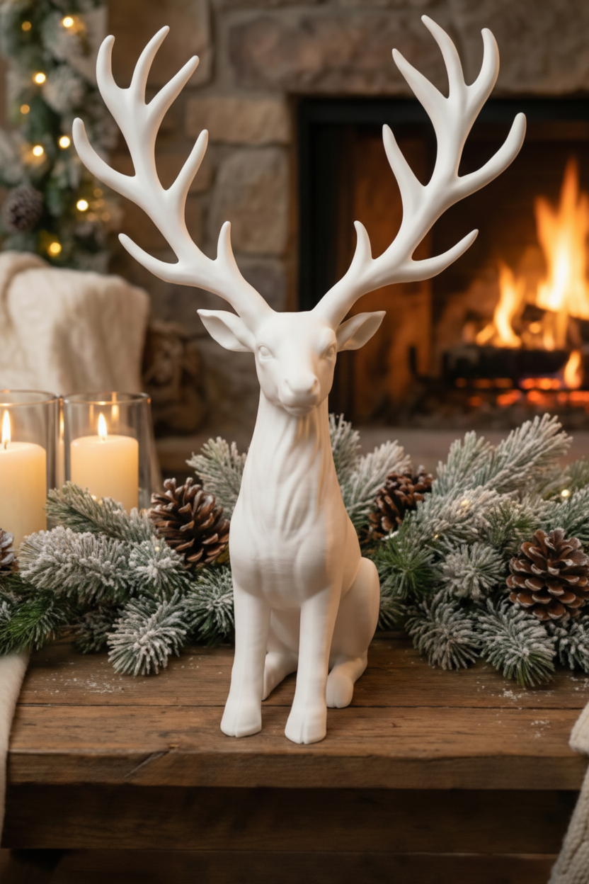 Winter Majesty Reindeer lifestyle scene on Christmas mantel with candles and pine