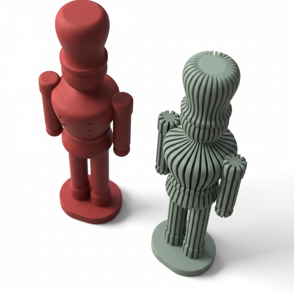 3D printed Japandi nutcracker statues top down view on white background