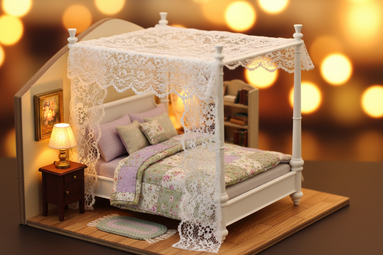 Miniature canopy bed in cozy dollhouse bedroom lifestyle scene with lavender quilt
